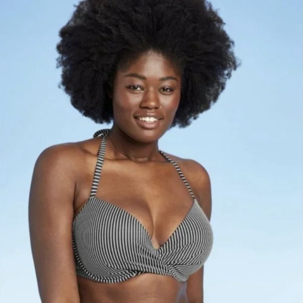 Shade & Shore Black and White Stripe Twist Front Bikini Top 32C